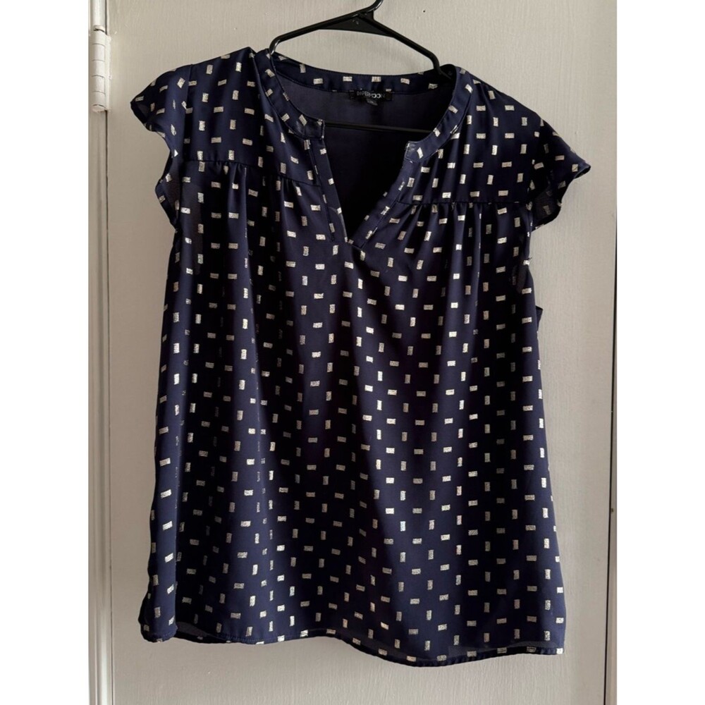 Papermoon (Stitch Fix) Navy Blue Geometric Cap-Sleeve Blouse Size M